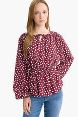 Regular Fit Crew Neck Polka Dot Long Sleeve Blouse