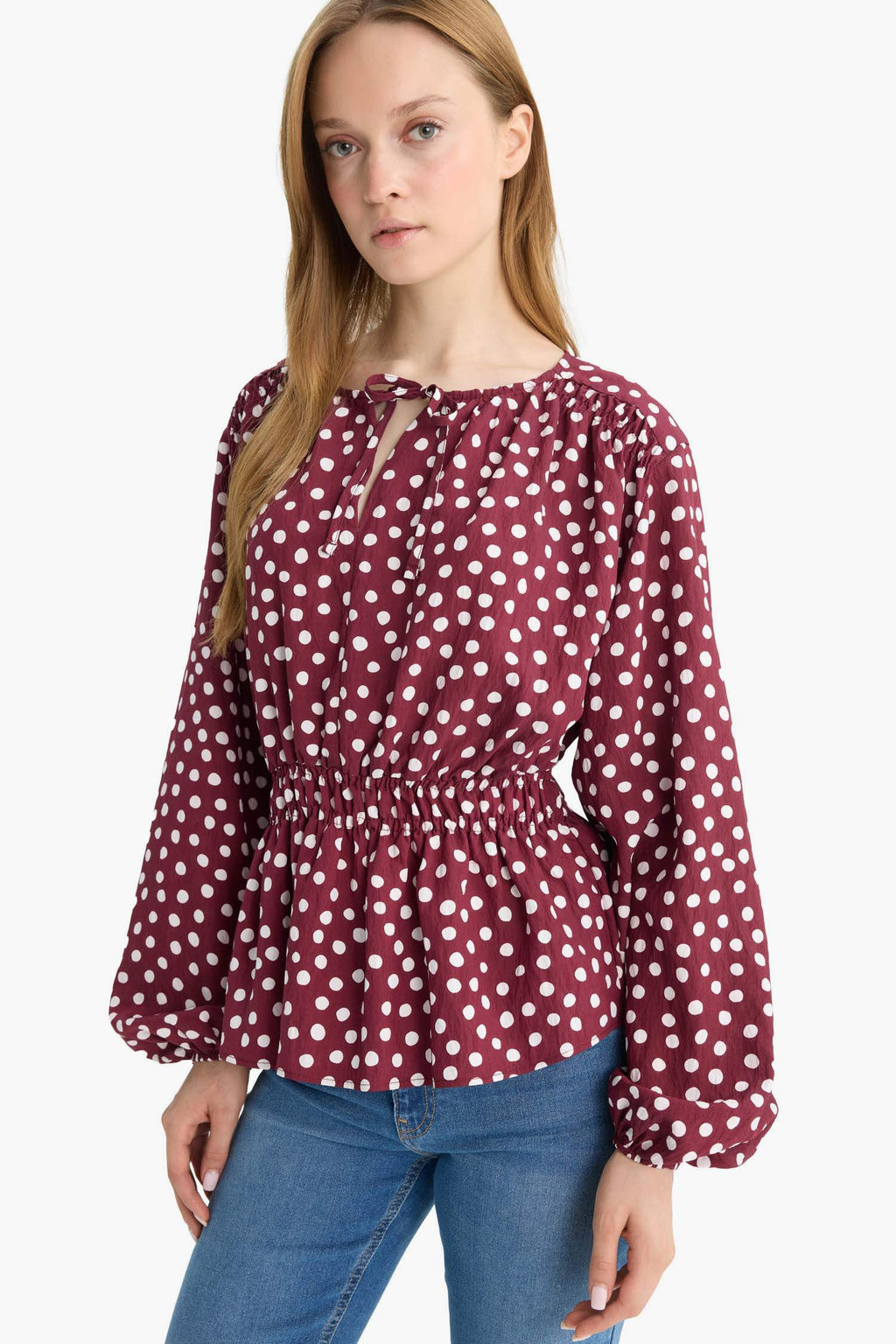 Regular Fit Crew Neck Polka Dot Long Sleeve Blouse