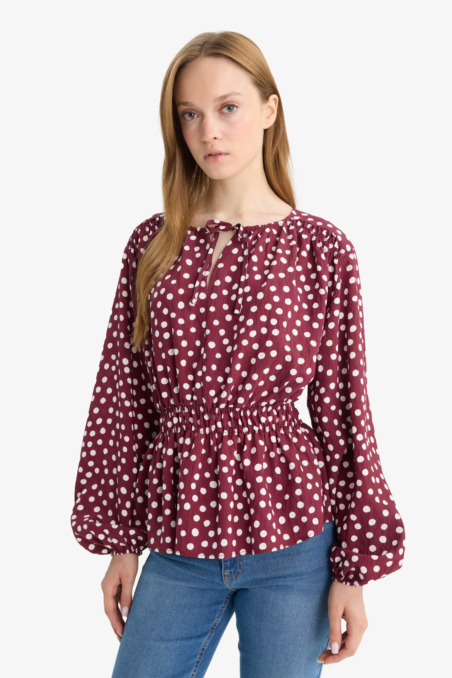 Regular Fit Crew Neck Polka Dot Long Sleeve Blouse