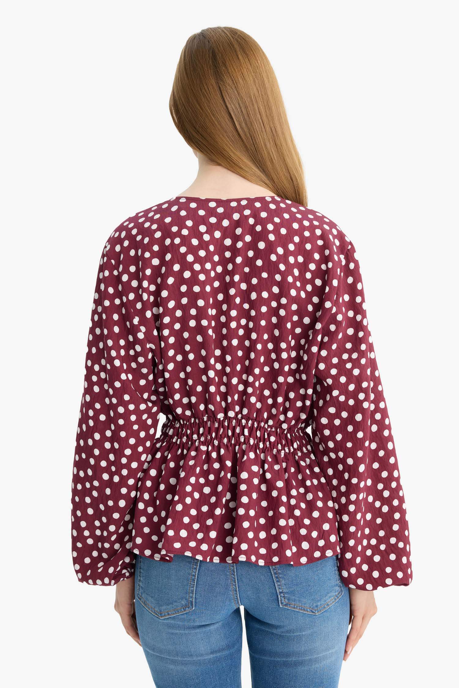 Regular Fit Crew Neck Polka Dot Long Sleeve Blouse