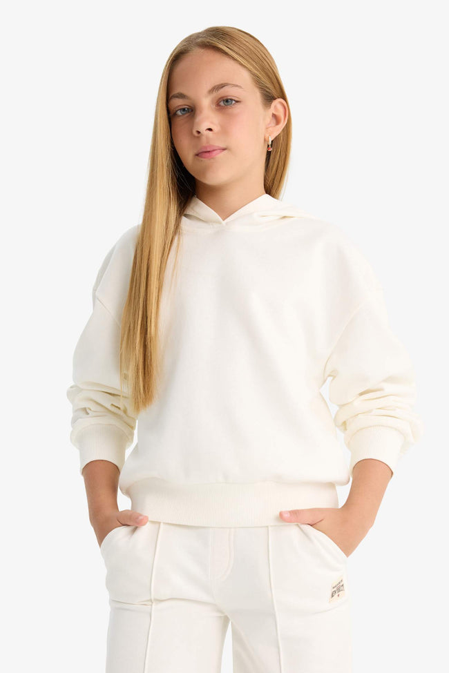 Girls Relax Fit Hooded Basic Plain Sweatshirt Hover Image
