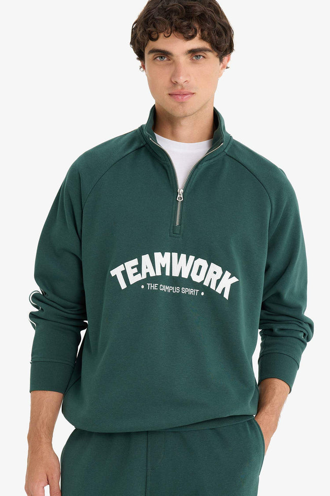 Boxy Fit Stand Collar Half Zipper Printed Sweatshirt Hover Image