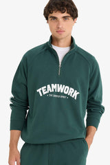 Boxy Fit Stand Collar Half Zipper Printed Sweatshirt