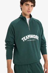 Boxy Fit Stand Collar Half Zipper Printed Sweatshirt