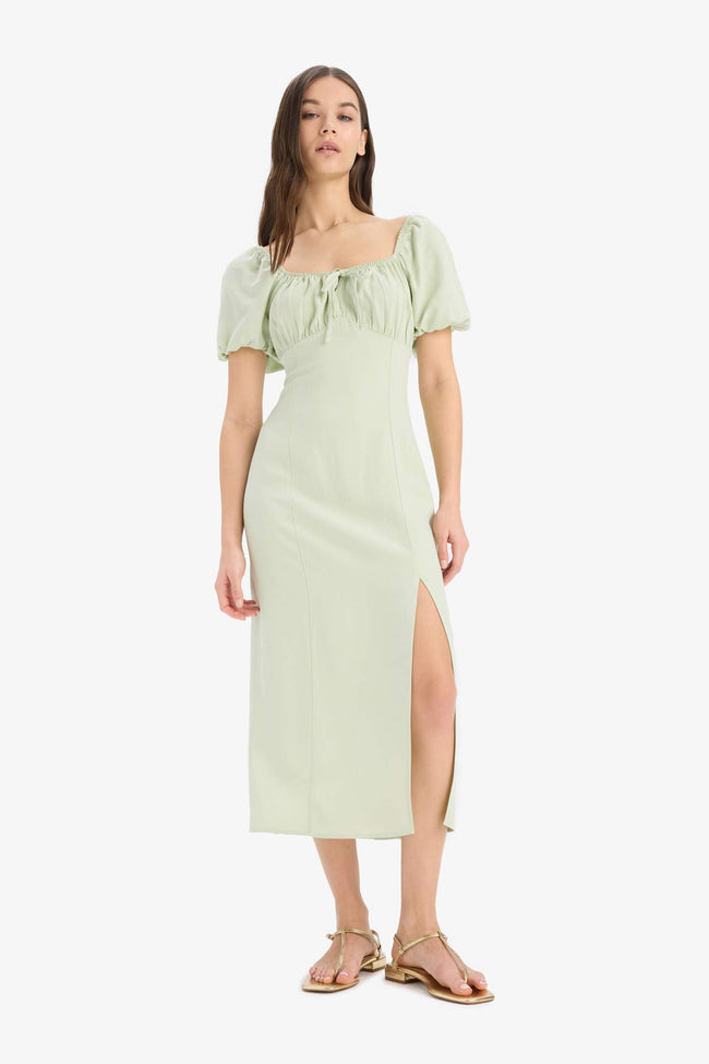 A-Line V-Neck Linen Blend Short Sleeve Midi Dress Hover Image