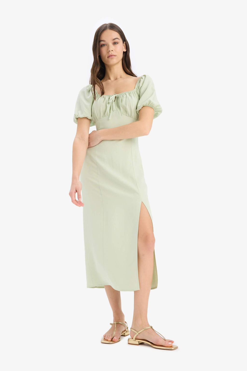 A-Line V-Neck Linen Blend Short Sleeve Midi Dress
