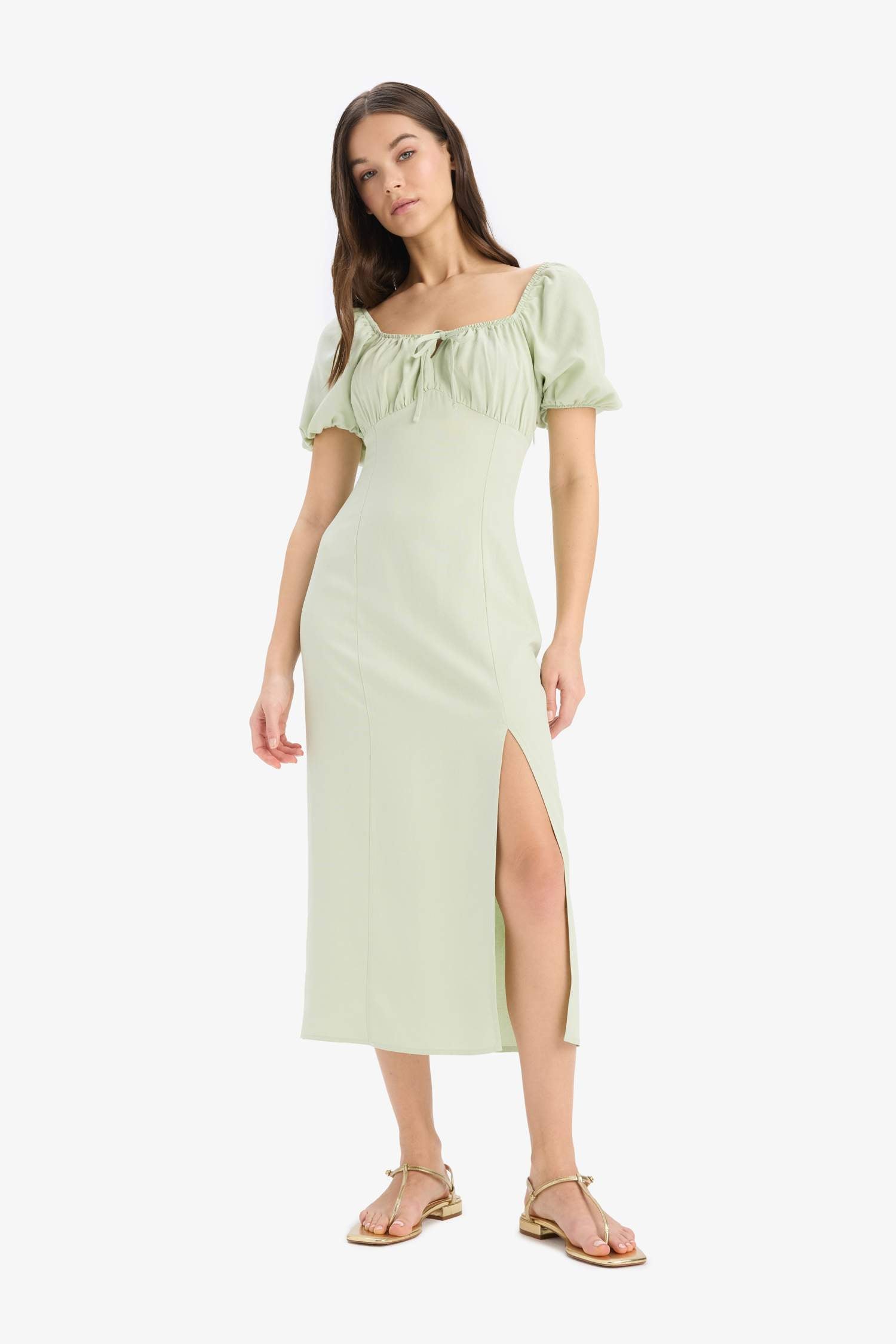 A-Line V-Neck Linen Blend Short Sleeve Midi Dress