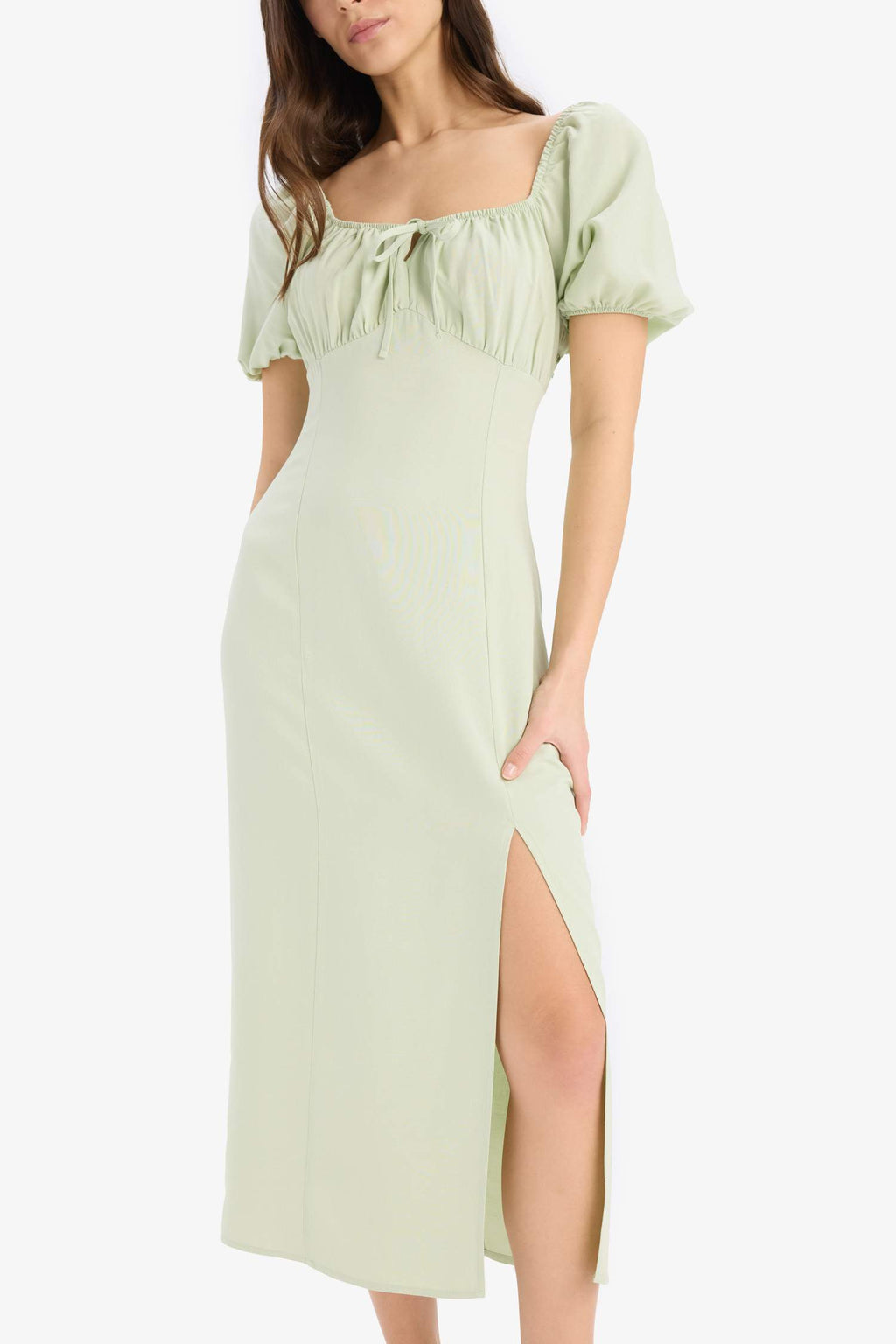 A-Line V-Neck Linen Blend Short Sleeve Midi Dress