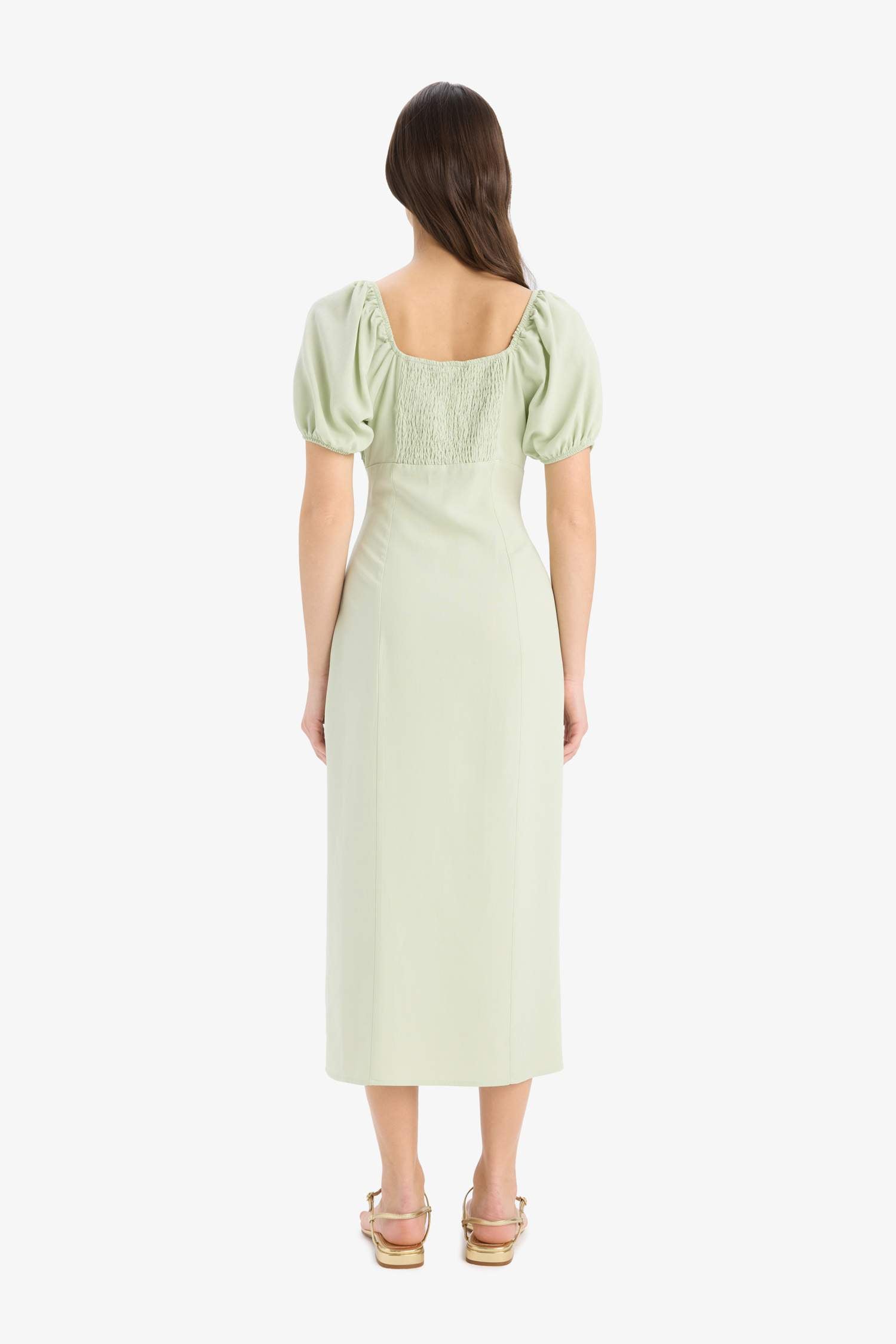 A-Line V-Neck Linen Blend Short Sleeve Midi Dress