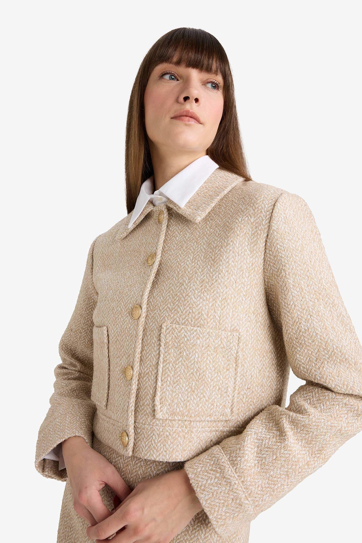 Cropped Fit Crew Neck Tweed Blazer