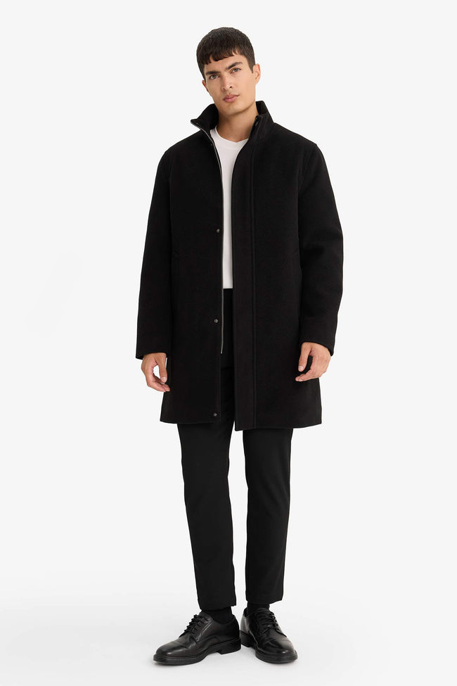 Regular Fit Stand Collar Pocketed Zip-Up Lined Cashmere Parka Main Image