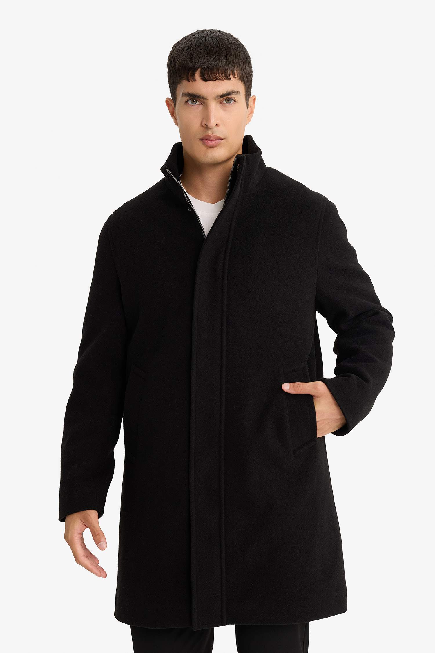 Regular Fit Stand Collar Pocketed Zip-Up Lined Cashmere Parka