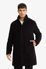 Regular Fit Stand Collar Pocketed Zip-Up Lined Cashmere Parka