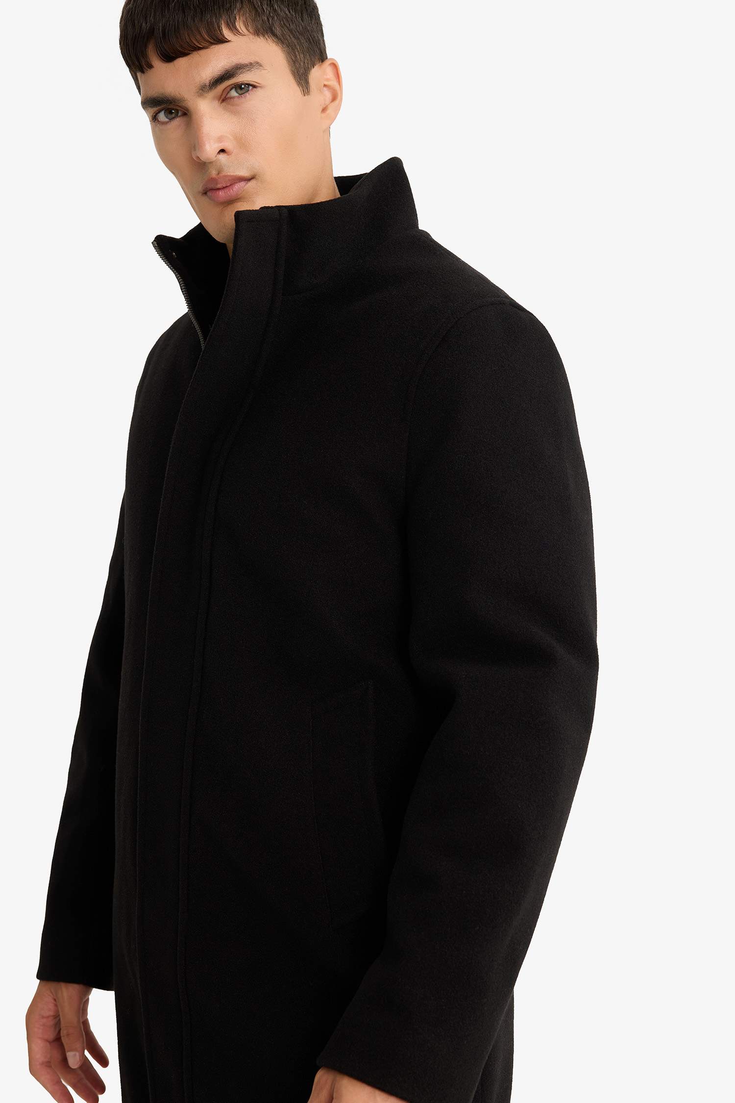 Regular Fit Stand Collar Pocketed Zip-Up Lined Cashmere Parka