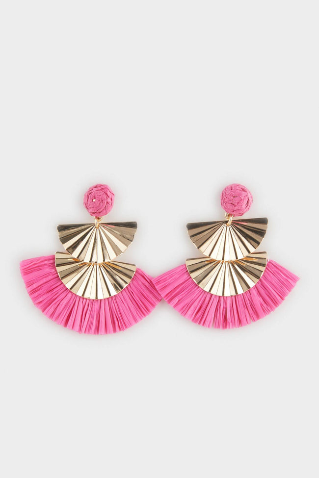 Women Pink Straw Detailed Gold Earrings Hover Image