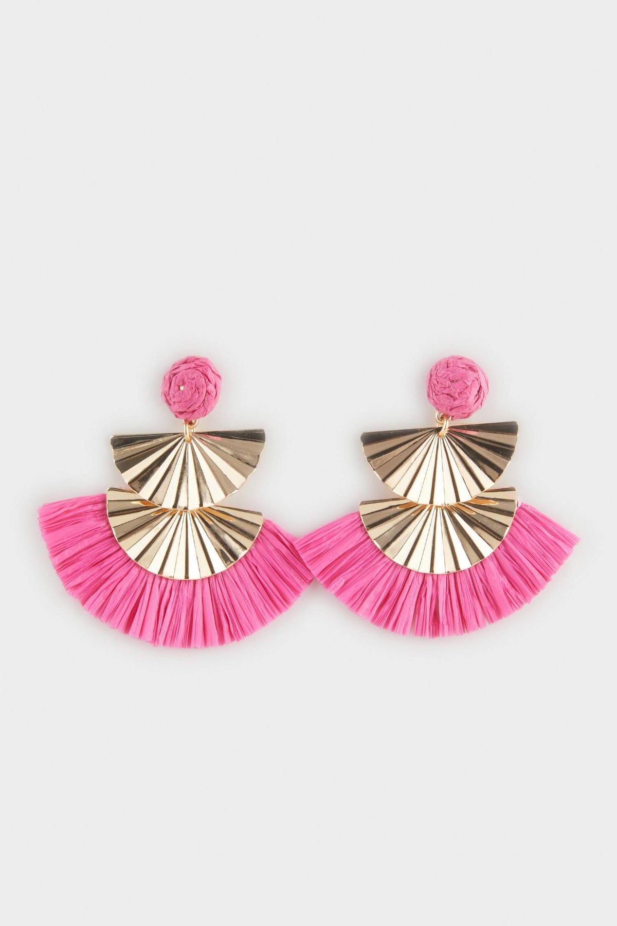 Women Pink Straw Detailed Gold Earrings