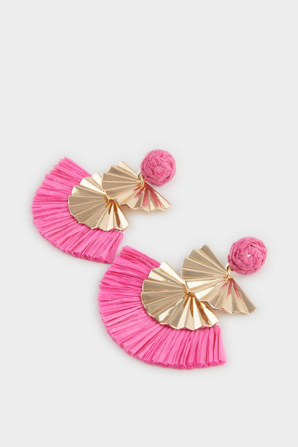 Women Pink Straw Detailed Gold Earrings