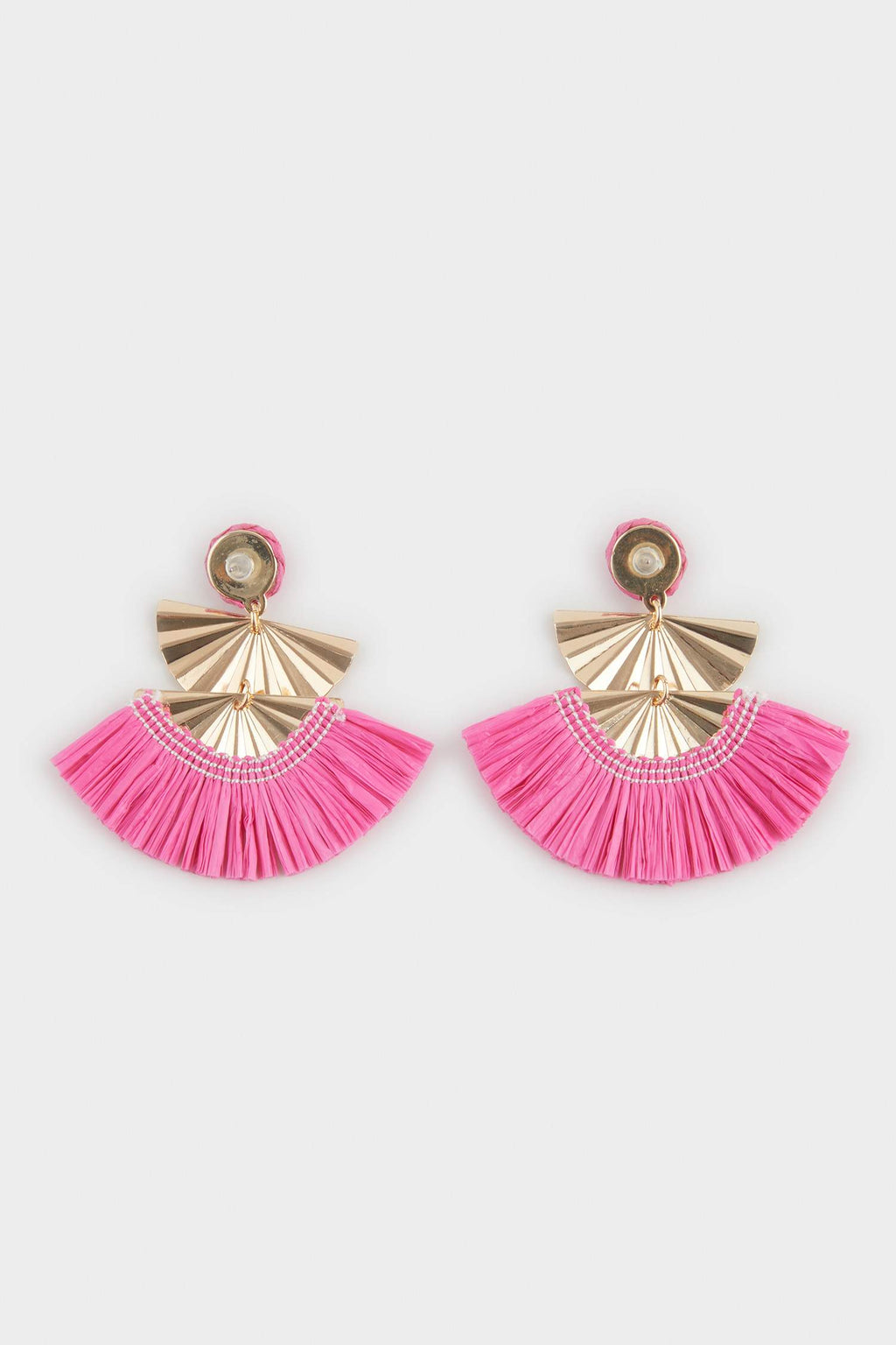 Women Pink Straw Detailed Gold Earrings