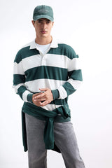 Boxy Fit Relaxed Cut Polo Collar Button-Down Striped Sweatshirt