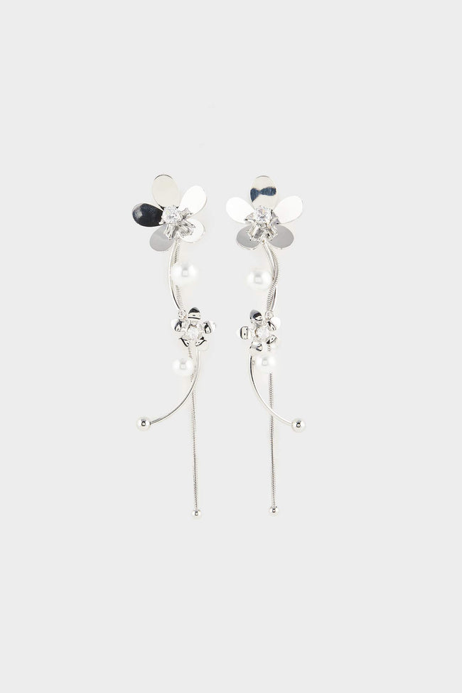 Women Floral Dangle Silver Earrings Hover Image
