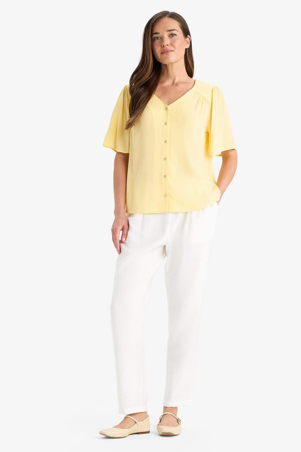 Regular Fit V-Neck Crinkle Viscose Short Sleeve Shirt