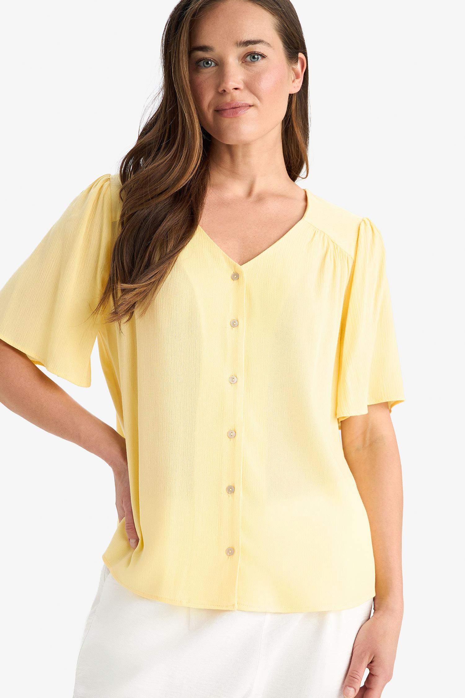 Regular Fit V-Neck Crinkle Viscose Short Sleeve Shirt