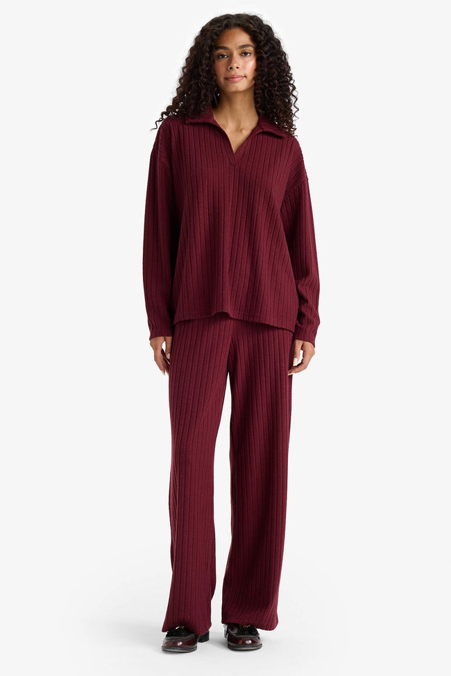 Relax Fit Polo Neck Ribbed Camisole Long Sleeve T-Shirt Main Image