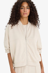 College Collar Zippered Soft Textured Modal Bomber Cardigan