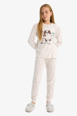 Girls Pajama Set Dog Printed Long Sleeve Top and Patterned Long Bottoms