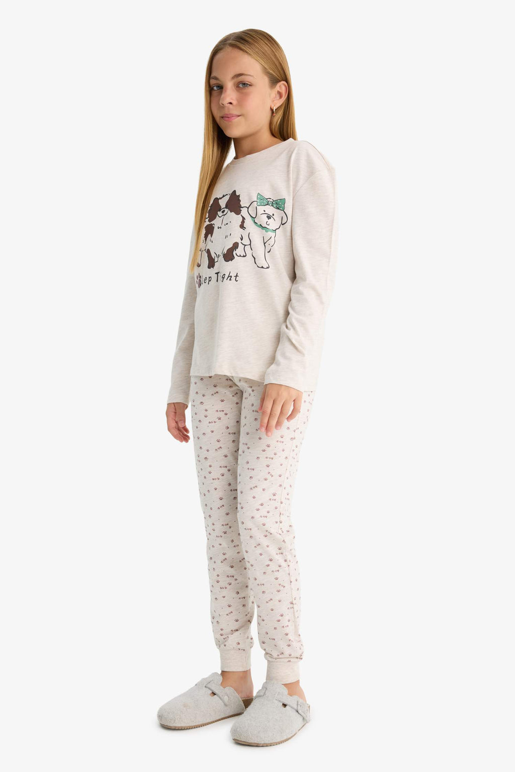 Girls Pajama Set Dog Printed Long Sleeve Top and Patterned Long Bottoms