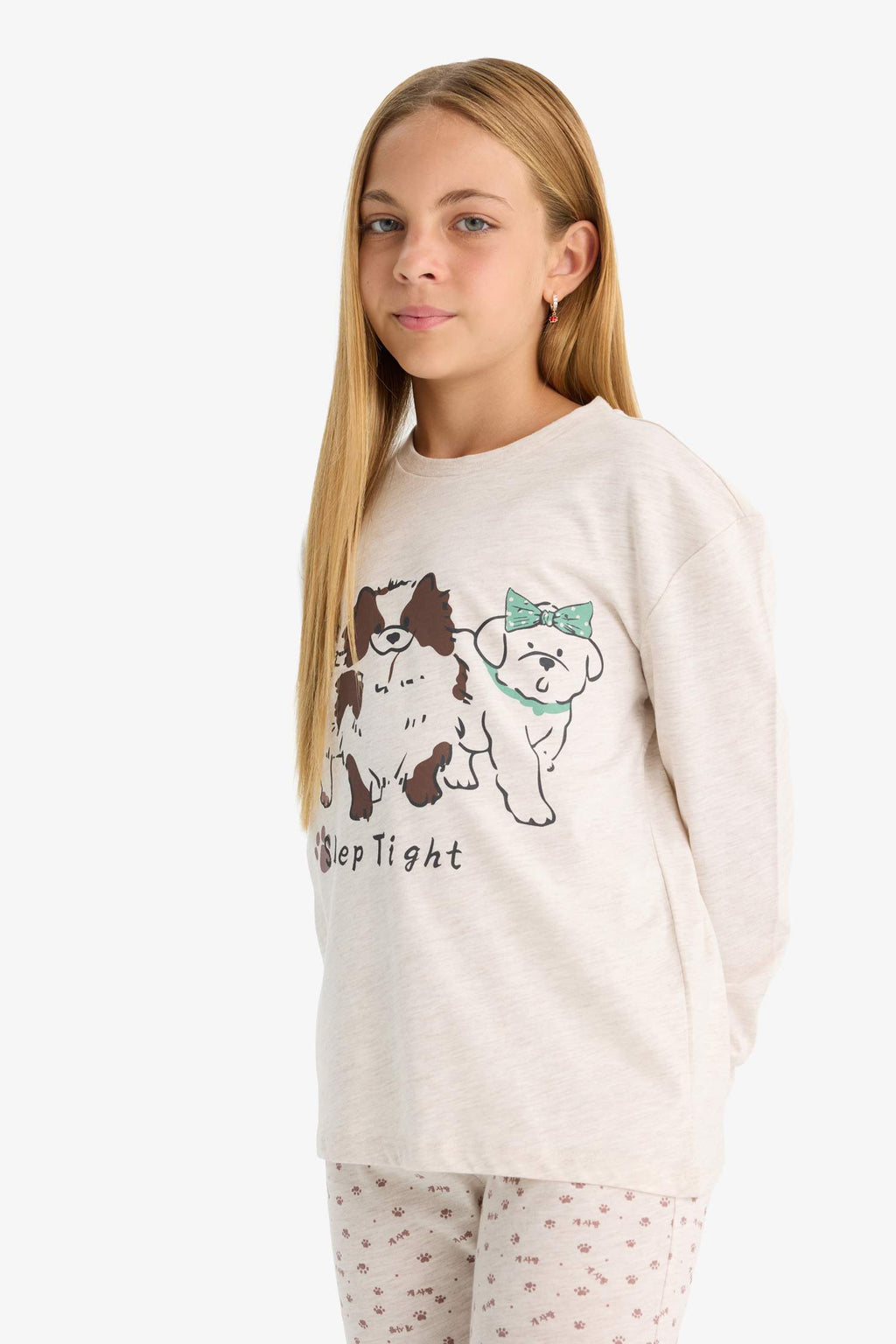 Girls Pajama Set Dog Printed Long Sleeve Top and Patterned Long Bottoms