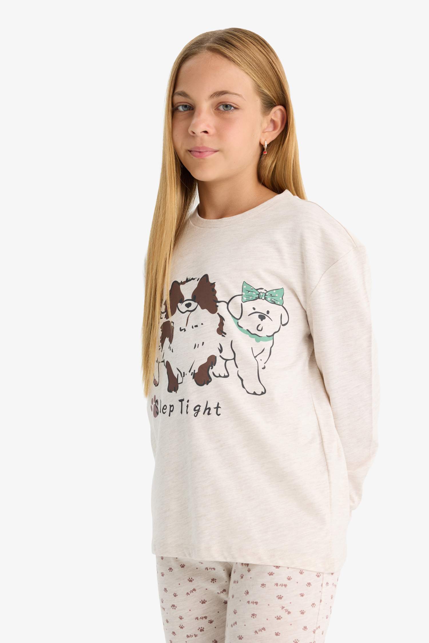 Girls Pajama Set Dog Printed Long Sleeve Top and Patterned Long Bottoms