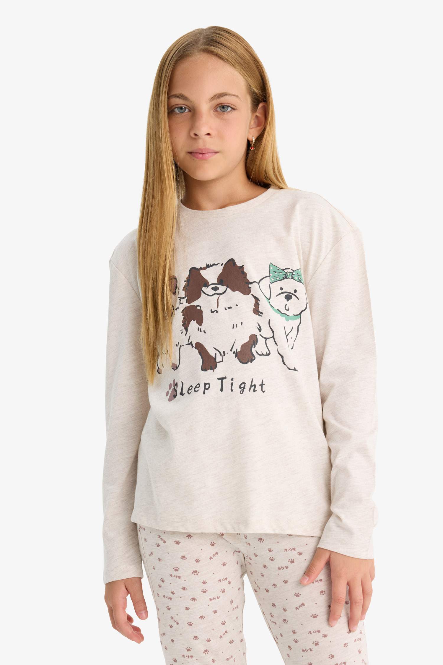 Girls Pajama Set Dog Printed Long Sleeve Top and Patterned Long Bottoms