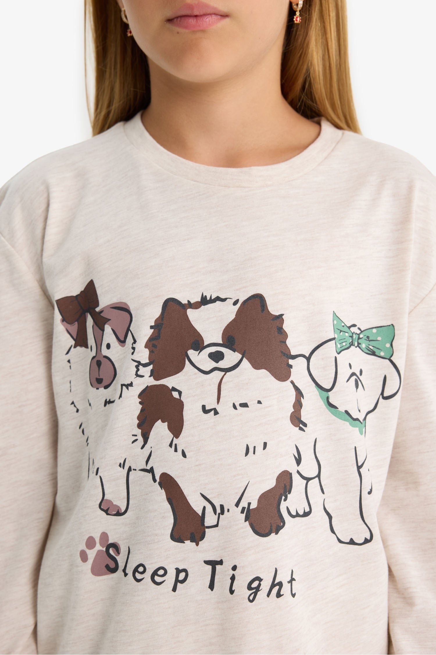 Girls Pajama Set Dog Printed Long Sleeve Top and Patterned Long Bottoms