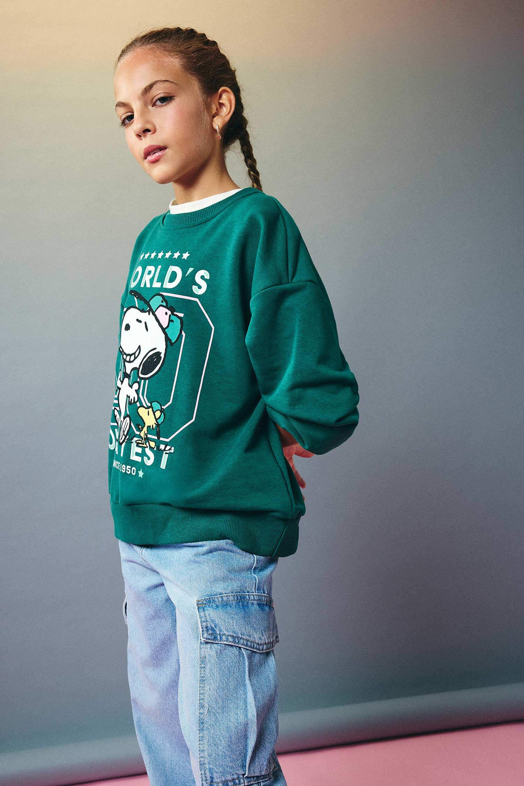 Girls Snoopy Oversize Wide-Mould Crew Neck Sweatshirt