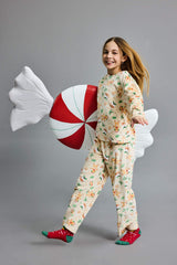 Girls Christmas Themed Pajama Set Velvet Long Sleeve Top and Long Bottoms