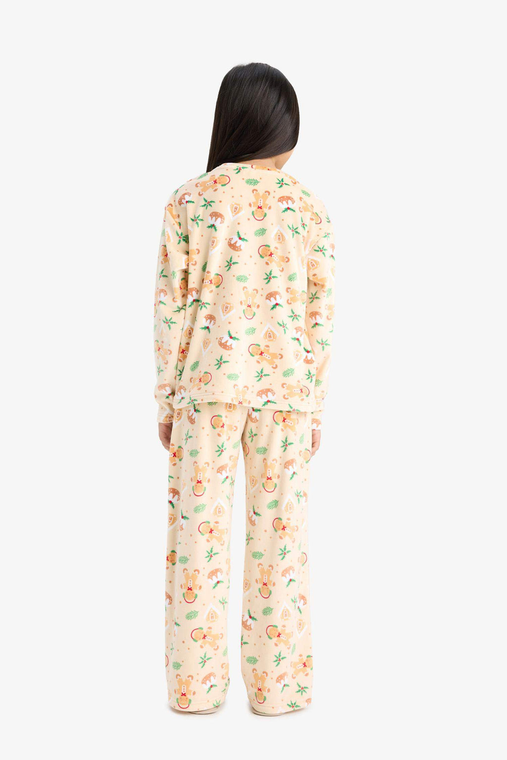 Girls Christmas Themed Pajama Set Velvet Long Sleeve Top and Long Bottoms