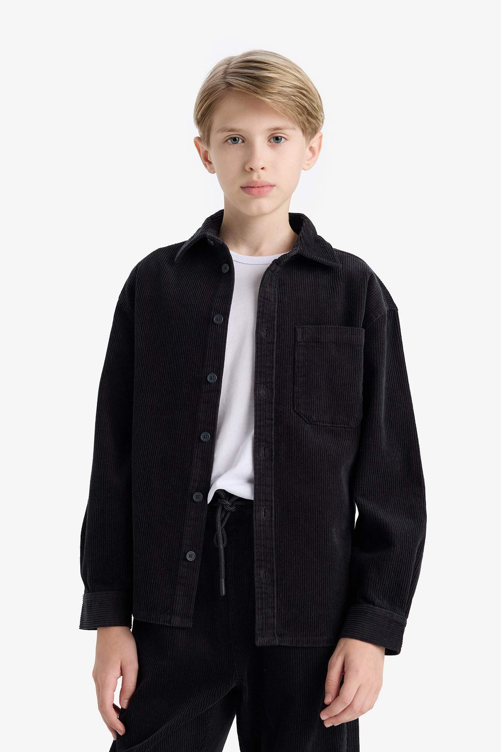 Boys' Oversize Loose Fit Polo Collar Velvet Long-Sleeve Shirt