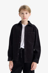 Boys' Oversize Loose Fit Polo Collar Velvet Long-Sleeve Shirt
