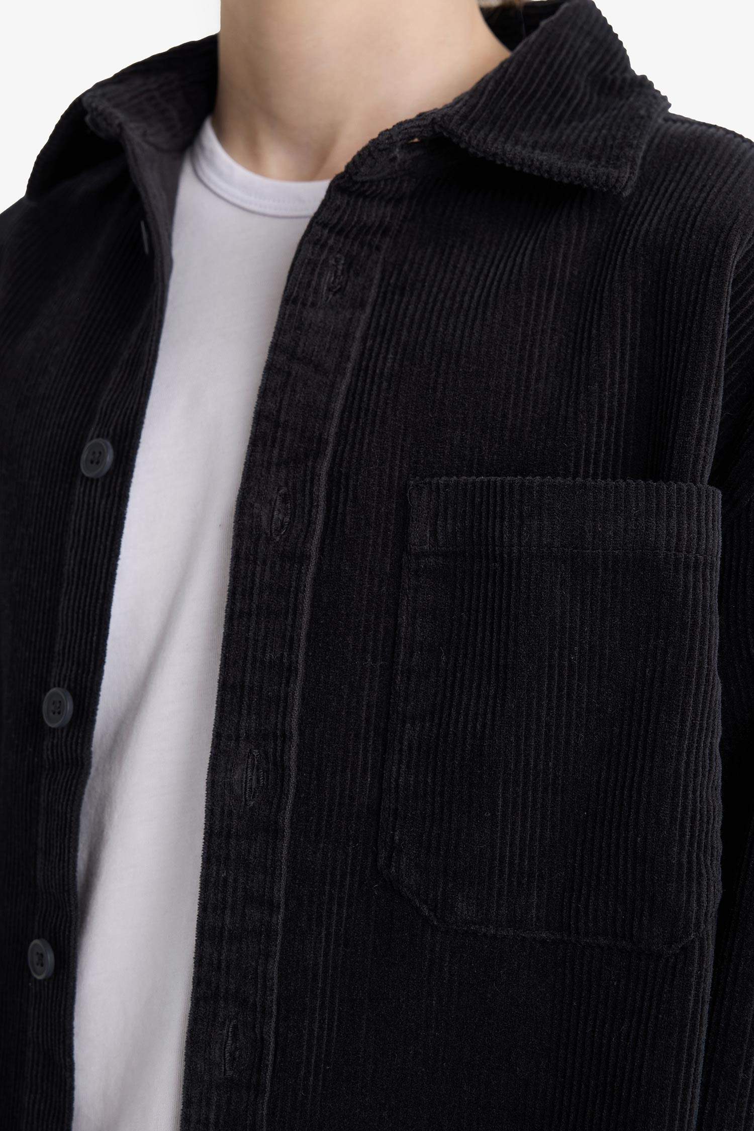 Boys' Oversize Loose Fit Polo Collar Velvet Long-Sleeve Shirt