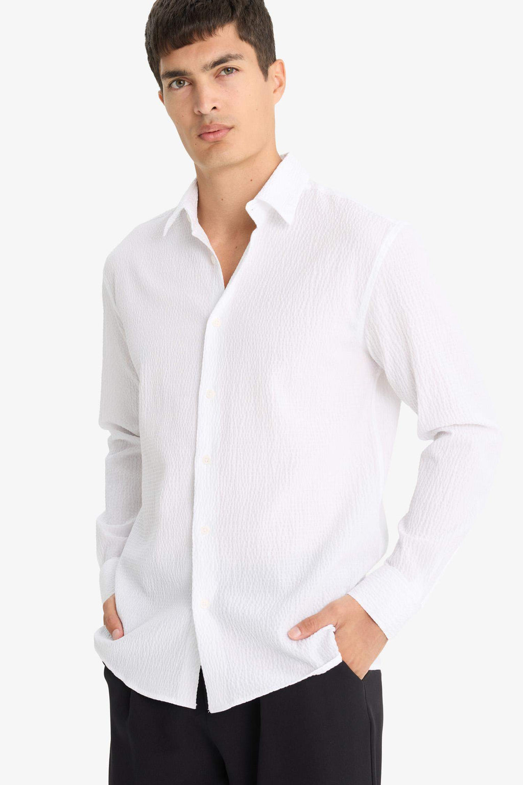 Modern Fit Polo Collar Crinkle Long-Sleeve Shirt