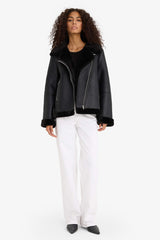 Regular Fit Faux Leather Jacket with Faux Fur Lining and Zipper Closure
