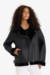 Regular Fit Faux Leather Jacket with Faux Fur Lining and Zipper Closure