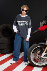 Boys Oversize Wide Mold V-Neck Printed Parachute Long Sleeve T-Shirt