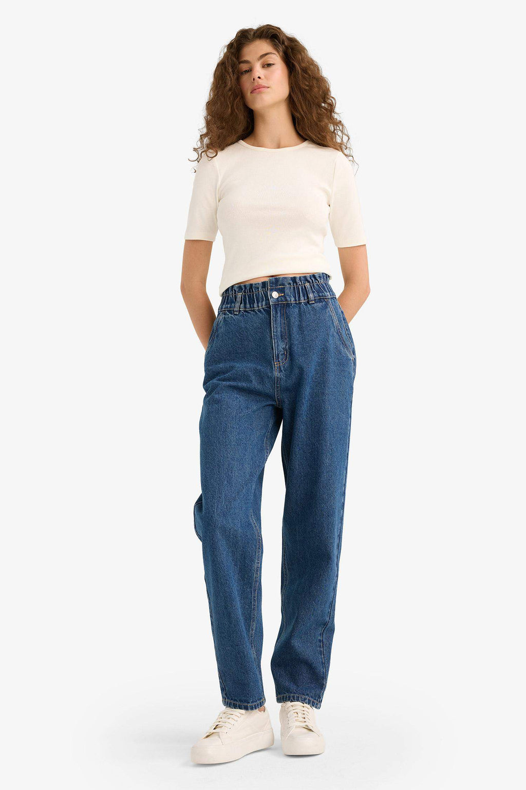 Paperbag High Waist Straight Leg Long Jeans