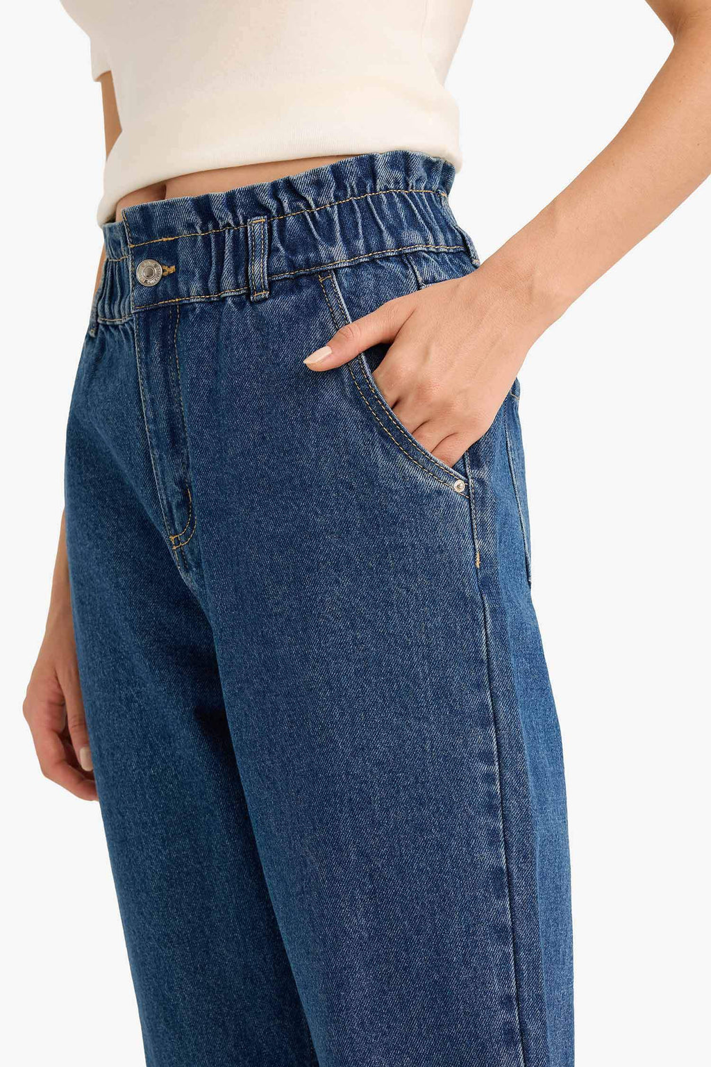 Paperbag High Waist Straight Leg Long Jeans