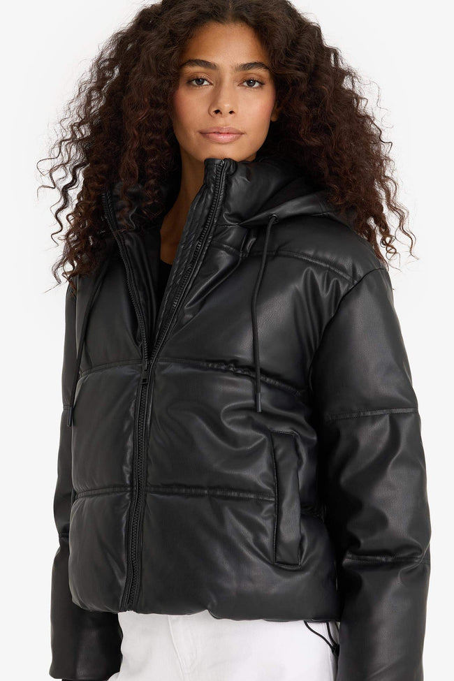Regular Fit Hooded Fleece-Lined Faux Leather Jacket Hover Image