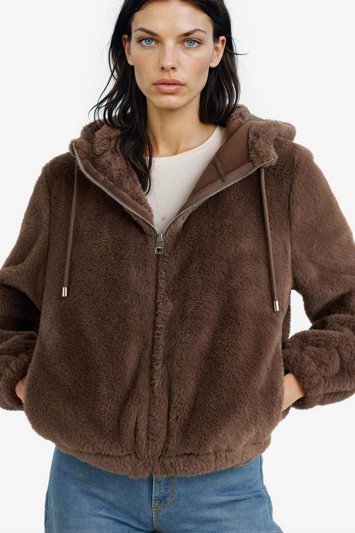 Regular Fit Fleece Lined Hooded Zip-Up Faux Fur Sweatshirt
