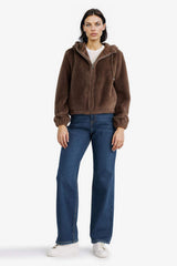 Regular Fit Fleece Lined Hooded Zip-Up Faux Fur Sweatshirt