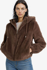 Regular Fit Fleece Lined Hooded Zip-Up Faux Fur Sweatshirt